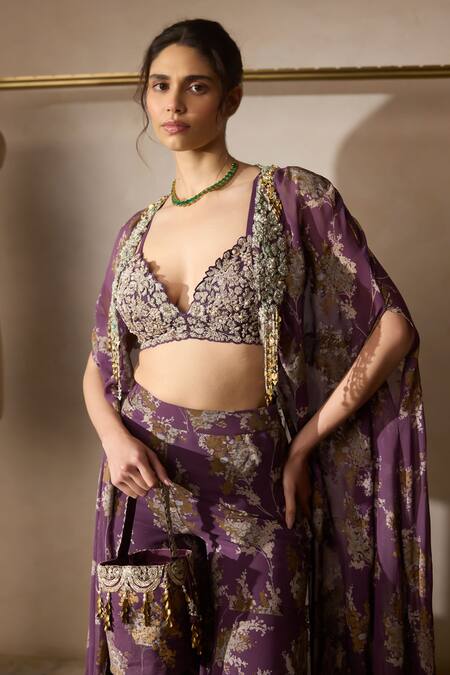 Bhumika Sharma_Purple Georgette, Net Zari, Embroidery V-neck Plum Sylvia Print Cape And Pants Set _Online_at_Aza_Fashions