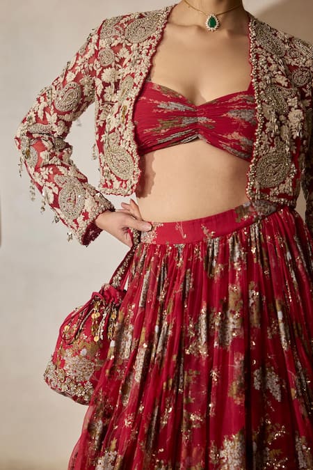 Bhumika Sharma_Red Georgette, Net, Organza Sylvia Print Bustier Lehenga Set With Jacket _Online_at_Aza_Fashions