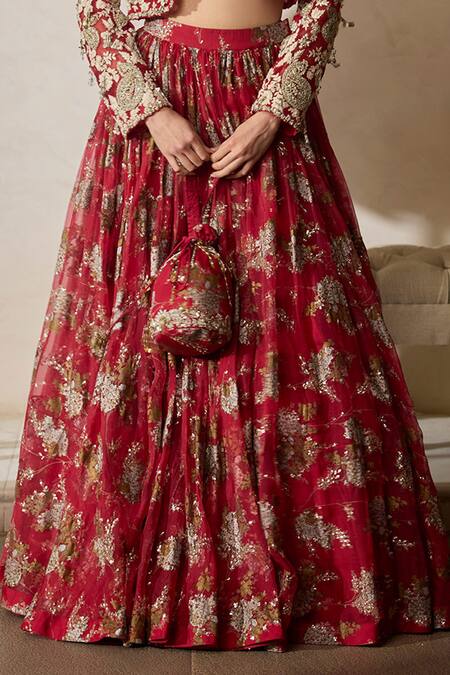 Buy_Bhumika Sharma_Red Georgette, Net, Organza Sylvia Print Bustier Lehenga Set With Jacket _Online_at_Aza_Fashions
