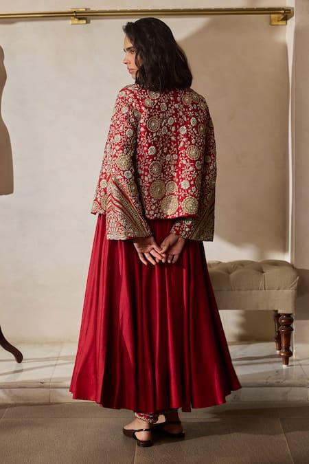 Bhumika Sharma Red Embroidered Jacket Anarkali Set 
