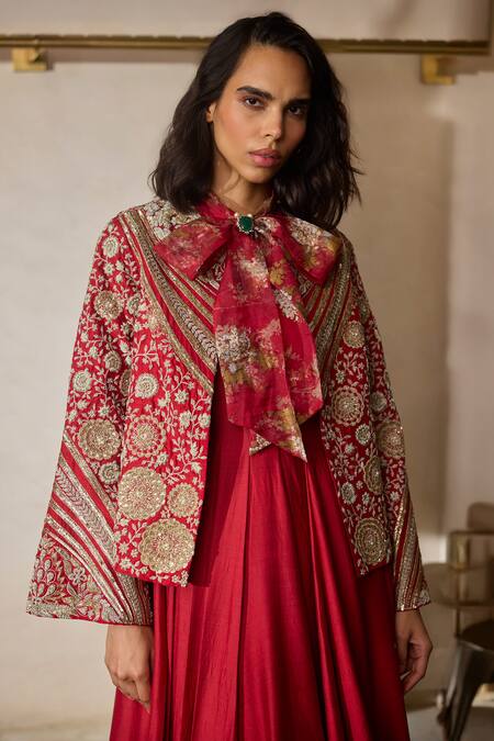 Bhumika Sharma_Red Chanderi, Silk Embroidery Round Neck Jacket Anarkali Set _Online_at_Aza_Fashions