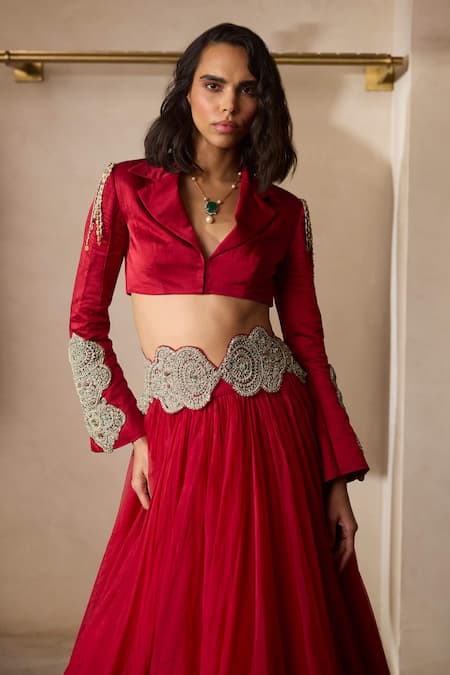 Bhumika Sharma_Red Organza, Satin, Linen Zari, Embroidery Collared Jacket And Lehenga Set _Online_at_Aza_Fashions
