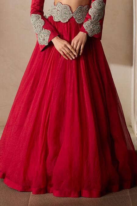 Buy_Bhumika Sharma_Red Organza, Satin, Linen Zari, Embroidery Collared Jacket And Lehenga Set _Online_at_Aza_Fashions