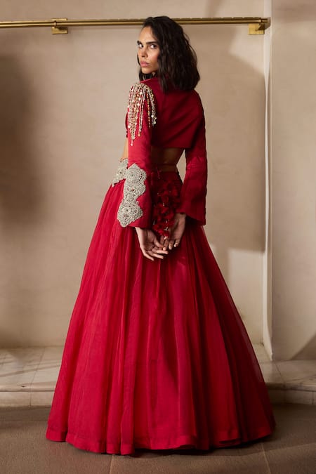 Shop_Bhumika Sharma_Red Organza, Satin, Linen Zari, Embroidery Collared Jacket And Lehenga Set _Online_at_Aza_Fashions