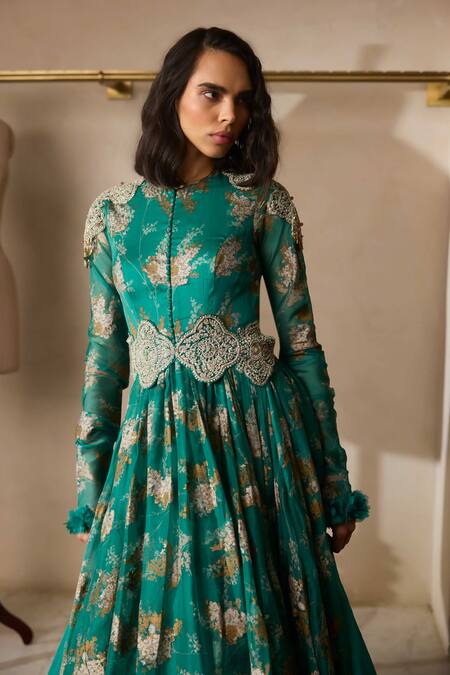 Bhumika Sharma_Teal Organza Embroidery Round Neck Sylvia Print Green Anarkali Set _Online_at_Aza_Fashions