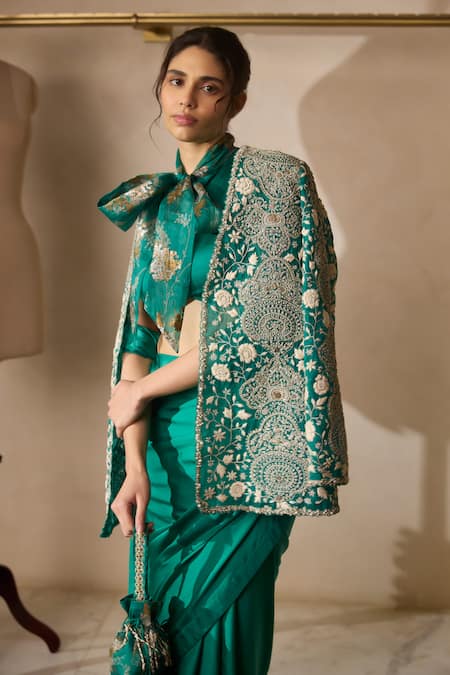 Bhumika Sharma_Teal Organza, Satin Embroidery, Zari Bandeau Neck, High Green Jacket Saree Set _Online_at_Aza_Fashions