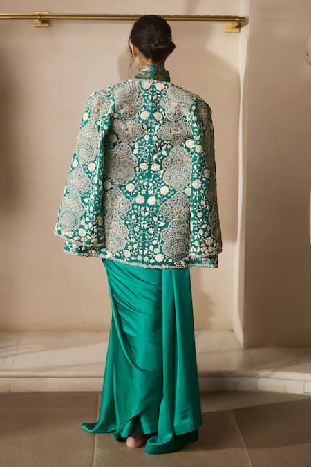 Bhumika Sharma Teal Green Embroidered Jacket Saree Set 