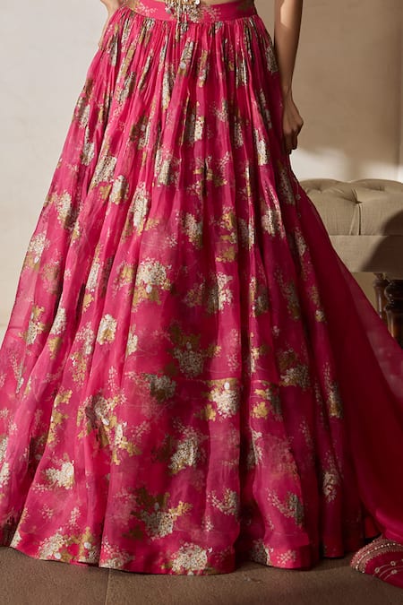 Buy_Bhumika Sharma_Fuchsia Organza Sequins, Zari Scoop Neck Sylvia Print Lehenga Set _Online_at_Aza_Fashions