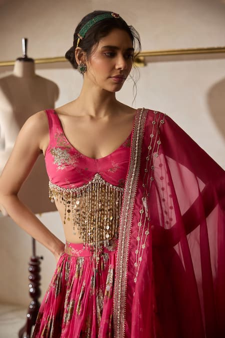 Shop_Bhumika Sharma_Fuchsia Organza Sequins, Zari Scoop Neck Sylvia Print Lehenga Set _Online_at_Aza_Fashions
