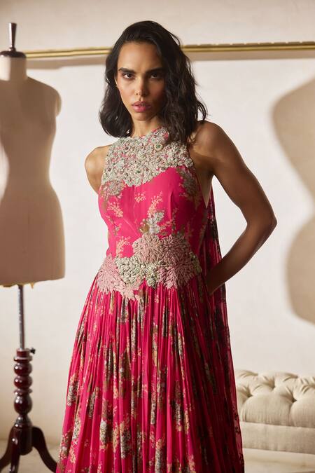 Bhumika Sharma_Fuchsia Georgette Embroidery, Tassels Round Neck Printed Sylvia Anarkali _Online_at_Aza_Fashions