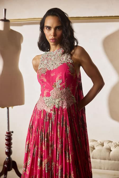 Buy_Bhumika Sharma_Fuchsia Georgette Embroidery, Tassels Round Neck Printed Sylvia Anarkali _Online_at_Aza_Fashions