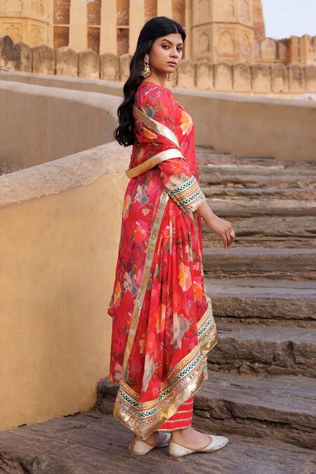 Buy Bannhi By Priyanka Rathore Coral Chanderi Embroidery Round Neck Print Kurta Set Online at Aza Fashions Buy_Bannhi By Priyanka Rathore_Coral Chanderi Embroidery Round Neck Print Kurta Set _Online_at_Aza_Fashions