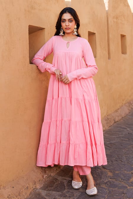 Bannhi By Priyanka Rathore_Pink Cotton Keyhole Neck Tiered Anarkali Kurta Set _Online_at_Aza_Fashions