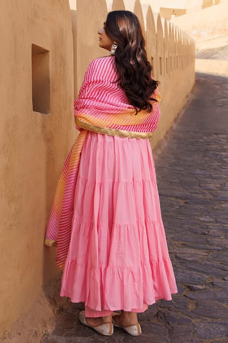 Bannhi By Priyanka Rathore Pink Tiered Anarkali Kurta Set 