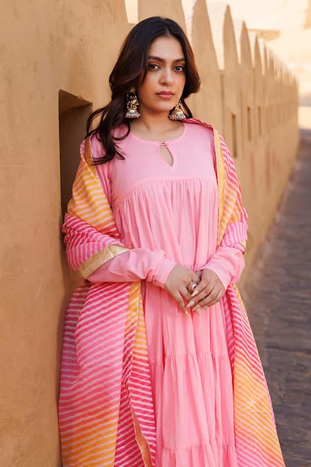 Buy_Bannhi By Priyanka Rathore_Pink Cotton Keyhole Neck Tiered Anarkali Kurta Set _Online_at_Aza_Fashions