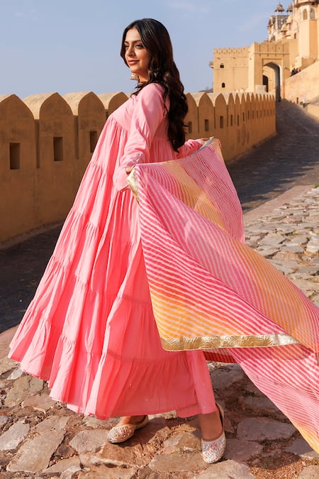 Shop_Bannhi By Priyanka Rathore_Pink Cotton Keyhole Neck Tiered Anarkali Kurta Set _Online_at_Aza_Fashions