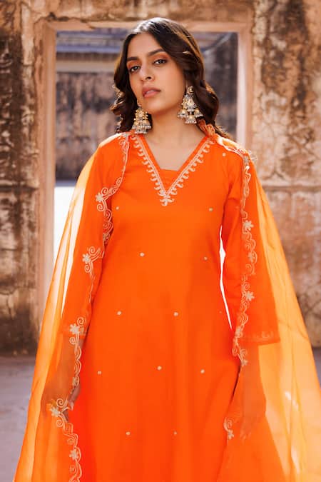 Buy Bannhi By Priyanka Rathore Orange Cotton, Silk Embroidery V-neck Kurta Set Online at Aza Fashions Buy_Bannhi By Priyanka Rathore_Orange Cotton, Silk Embroidery V-neck Kurta Set _Online_at_Aza_Fashions