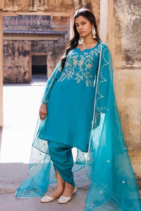 Shop_Bannhi By Priyanka Rathore_Blue Embroidery Uppada Silk Kurta Set _Online_at_Aza_Fashions