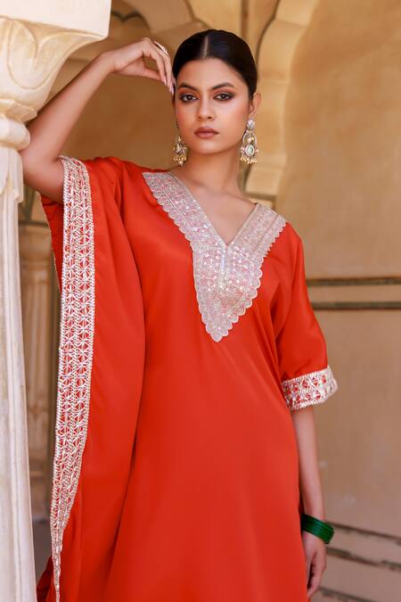 Shop_Bannhi By Priyanka Rathore_Orange Crepe Embroidery Split V-neck Kaftan And Palazzo Set _Online_at_Aza_Fashions