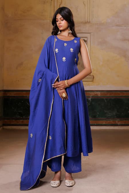 Bannhi By Priyanka Rathore Blue Chanderi Embroidery Round Neck Anarkali Set Online at Aza Fashions Bannhi By Priyanka Rathore_Blue Chanderi Embroidery Round Neck Anarkali Set _Online_at_Aza_Fashions