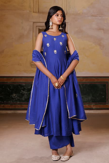 Buy Bannhi By Priyanka Rathore Blue Chanderi Embroidery Round Neck Anarkali Set Online at Aza Fashions Buy_Bannhi By Priyanka Rathore_Blue Chanderi Embroidery Round Neck Anarkali Set _Online_at_Aza_Fashions