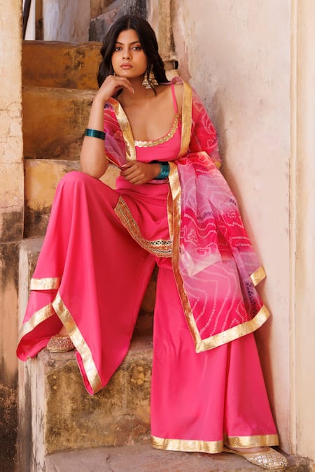 Bannhi By Priyanka Rathore Pink Crepe Gota Patti, Zari, Embroidery Scoop Neck Kurta Sharara Set Online at Aza Fashions Bannhi By Priyanka Rathore_Pink Crepe Gota Patti, Zari, Embroidery Scoop Neck Kurta Sharara Set _Online_at_Aza_Fashions