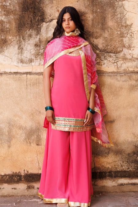 Buy Bannhi By Priyanka Rathore Pink Crepe Gota Patti, Zari, Embroidery Scoop Neck Kurta Sharara Set Online at Aza Fashions Buy_Bannhi By Priyanka Rathore_Pink Crepe Gota Patti, Zari, Embroidery Scoop Neck Kurta Sharara Set _Online_at_Aza_Fashions