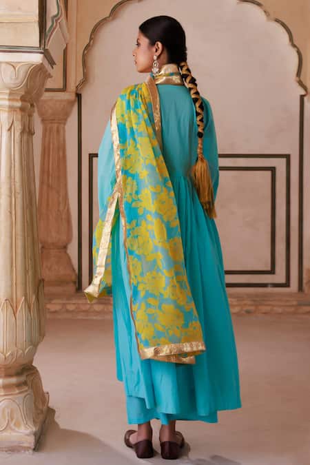 Shop Bannhi By Priyanka Rathore Blue Cotton Zari V-neck Designer Anarkali Kurta Set at Aza Fashions Shop_Bannhi By Priyanka Rathore_Blue Cotton Zari V-neck Designer Anarkali Kurta Set _at_Aza_Fashions
