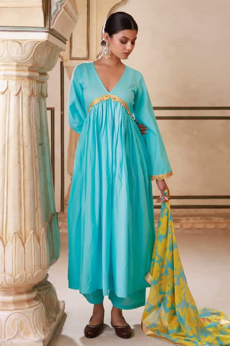 Buy Bannhi By Priyanka Rathore Blue Cotton Zari V-neck Designer Anarkali Kurta Set Online at Aza Fashions Buy_Bannhi By Priyanka Rathore_Blue Cotton Zari V-neck Designer Anarkali Kurta Set _Online_at_Aza_Fashions