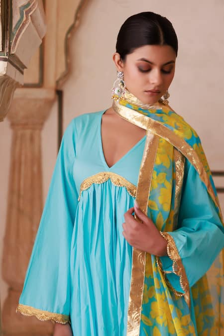 Shop Bannhi By Priyanka Rathore Blue Cotton Zari V-neck Designer Anarkali Kurta Set Online at Aza Fashions Shop_Bannhi By Priyanka Rathore_Blue Cotton Zari V-neck Designer Anarkali Kurta Set _Online_at_Aza_Fashions