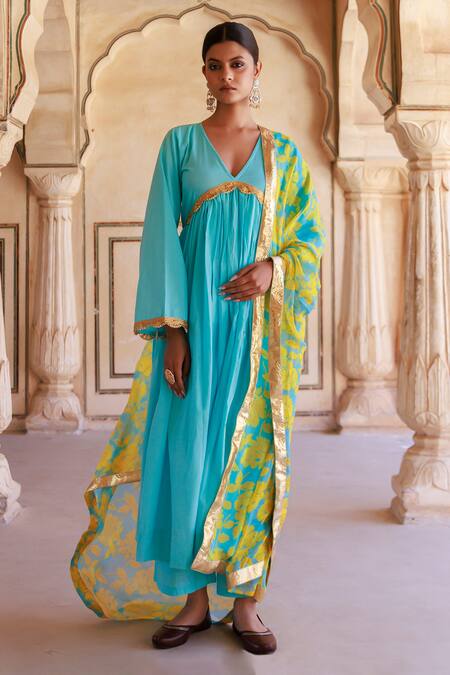 Bannhi By Priyanka Rathore Blue Cotton Zari V-neck Designer Anarkali Kurta Set at Aza Fashions Bannhi By Priyanka Rathore_Blue Cotton Zari V-neck Designer Anarkali Kurta Set _at_Aza_Fashions