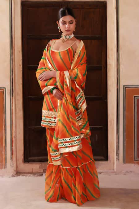 Bannhi By Priyanka Rathore_Orange Chiffon Zari Scoop Neck Printed Kurta Set With Sharara _Online_at_Aza_Fashions