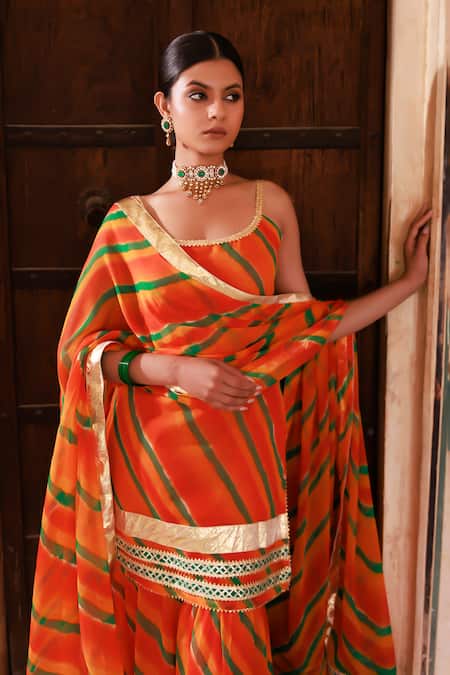 Shop_Bannhi By Priyanka Rathore_Orange Chiffon Zari Scoop Neck Printed Kurta Set With Sharara _Online_at_Aza_Fashions