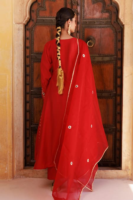 Bannhi By Priyanka Rathore Red Chanderi Anarkali Set With Dupatta 