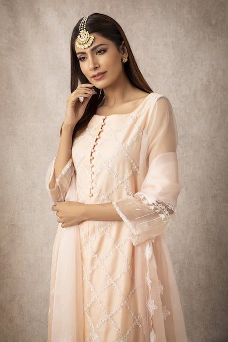 Ajiesh Oberoi_Peach Organza, Cotton, Silk Embroidery, Tassels Round Neck Kurta Set _Online_at_Aza_Fashions