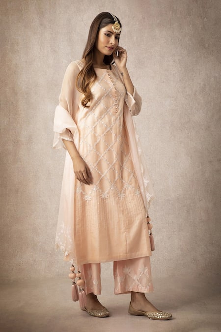 Shop_Ajiesh Oberoi_Peach Organza, Cotton, Silk Embroidery, Tassels Round Neck Kurta Set _Online_at_Aza_Fashions