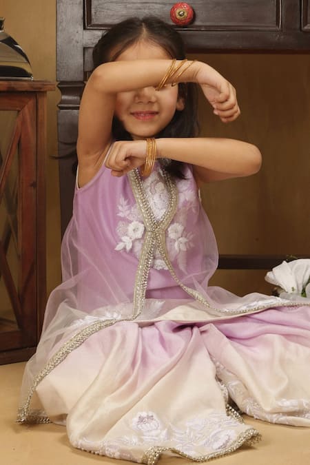 Rang By Les Petits_Purple Cotton, Net Sequins, Embroidery Kurta Lehenga Set_at_Aza_Fashions