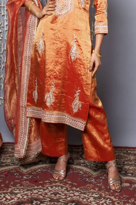 Shweta Dabas_Rust Tissue Embroidery Round Neck Orange Kurta Set _Online_at_Aza_Fashions