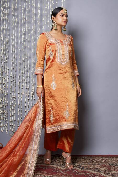 Shop_Shweta Dabas_Rust Tissue Embroidery Round Neck Orange Kurta Set _Online_at_Aza_Fashions