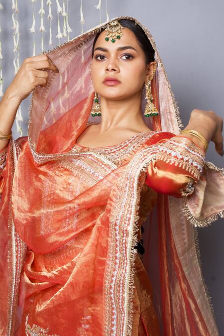 Shweta Dabas_Rust Tissue Embroidery Round Neck Orange Kurta Set _at_Aza_Fashions