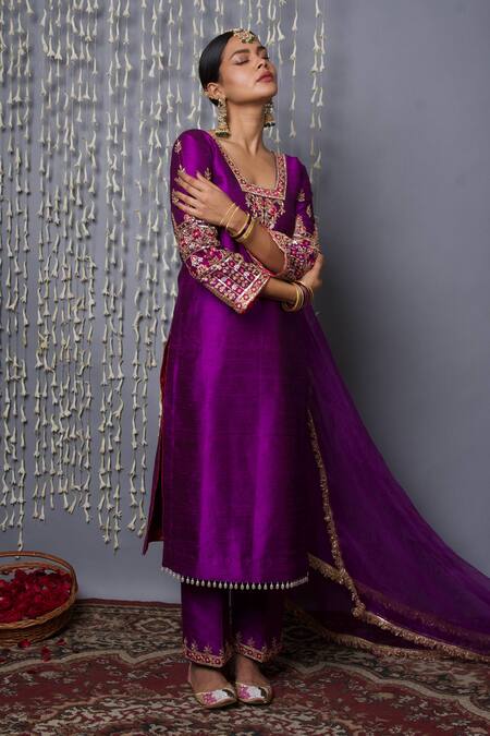 Shop_Shweta Dabas_Purple , Organza Sequins, Embroidery Square Neck Kurta Set _Online_at_Aza_Fashions