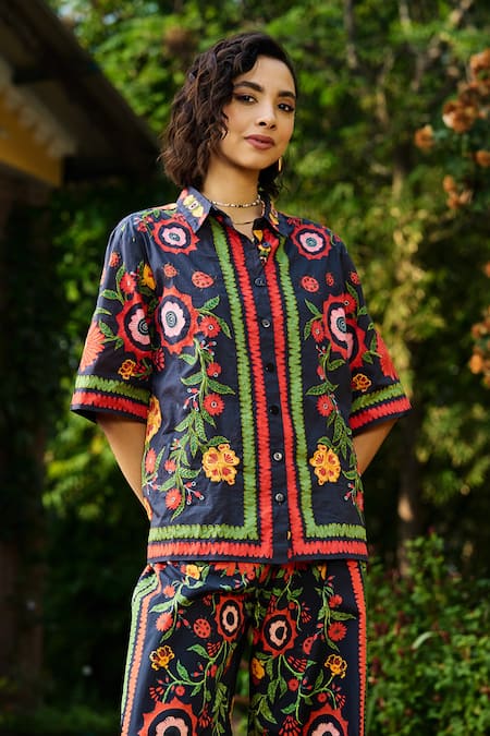 Verb By Pallavi Singhee_Black Cotton Embroidery Collared Floral Print Pant Set _Online_at_Aza_Fashions