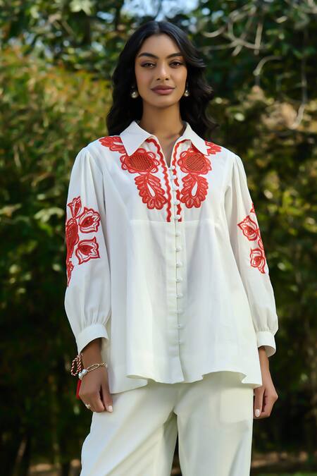 Verb By Pallavi Singhee Ivory Cotton Embroidery, Tassels Collared Shirt And Pant Set Online at Aza Fashions Verb By Pallavi Singhee_Ivory Cotton Embroidery, Tassels Collared Shirt And Pant Set _Online_at_Aza_Fashions