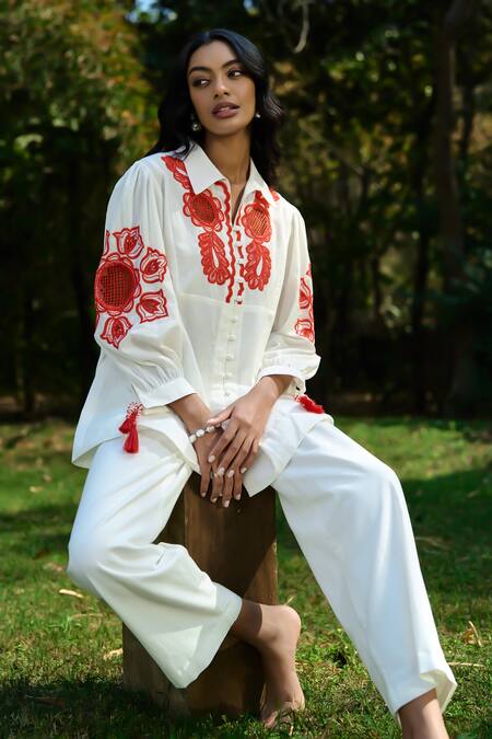 Shop Verb By Pallavi Singhee Ivory Cotton Embroidery, Tassels Collared Shirt And Pant Set Online at Aza Fashions Shop_Verb By Pallavi Singhee_Ivory Cotton Embroidery, Tassels Collared Shirt And Pant Set _Online_at_Aza_Fashions