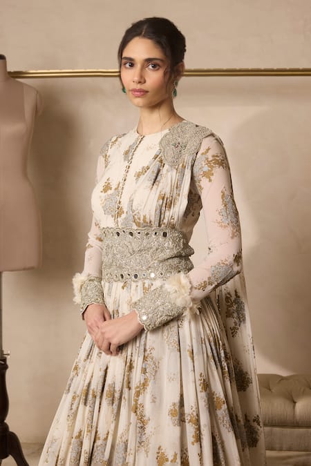 Bhumika Sharma_Ivory Georgette Embroidery, Zari Round Neck Sylvia Print Anarkali With Belt _Online_at_Aza_Fashions