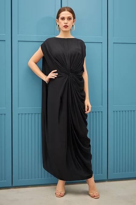 Shop Naina Seth Black Mohair Boat Neck Draped Maxi Dress With Tie Belt at Aza Fashions Shop_Naina Seth_Black Mohair Boat Neck Draped Maxi Dress With Tie Belt_at_Aza_Fashions