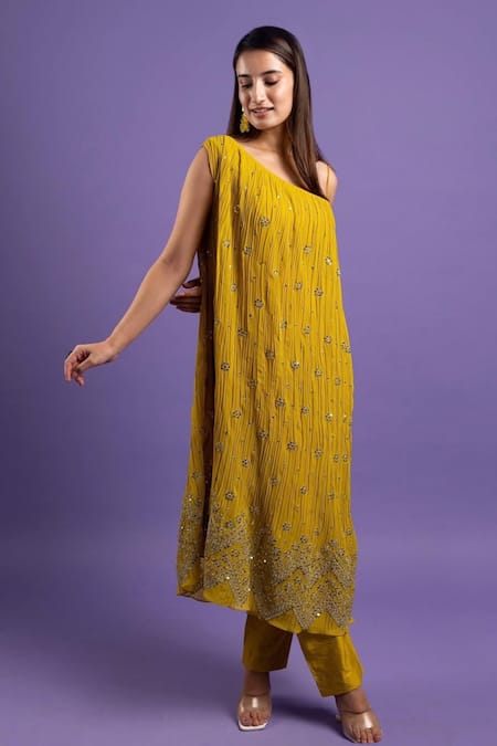 Dajwaree_Yellow Georgette, Silk Embroidery One Shoulder Lime Kurta Set _Online_at_Aza_Fashions