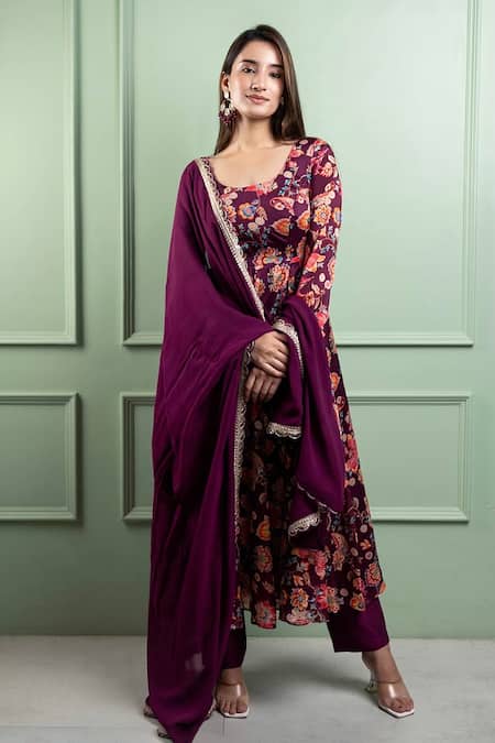 Dajwaree_Wine Crepe Round Neck Printed Anarkali Set _Online_at_Aza_Fashions