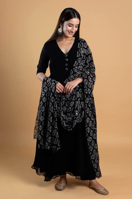 Dajwaree_Black Georgette Mirrors V-neck Anarkali Suit Set _Online_at_Aza_Fashions