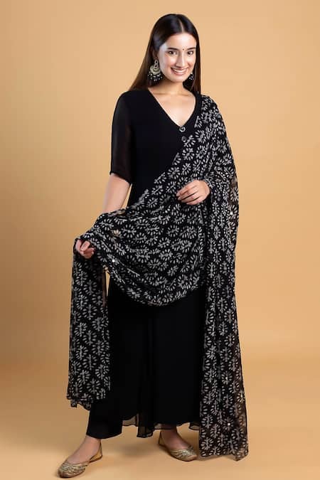 Dajwaree_Black Georgette Mirrors V-neck Anarkali Suit Set _at_Aza_Fashions